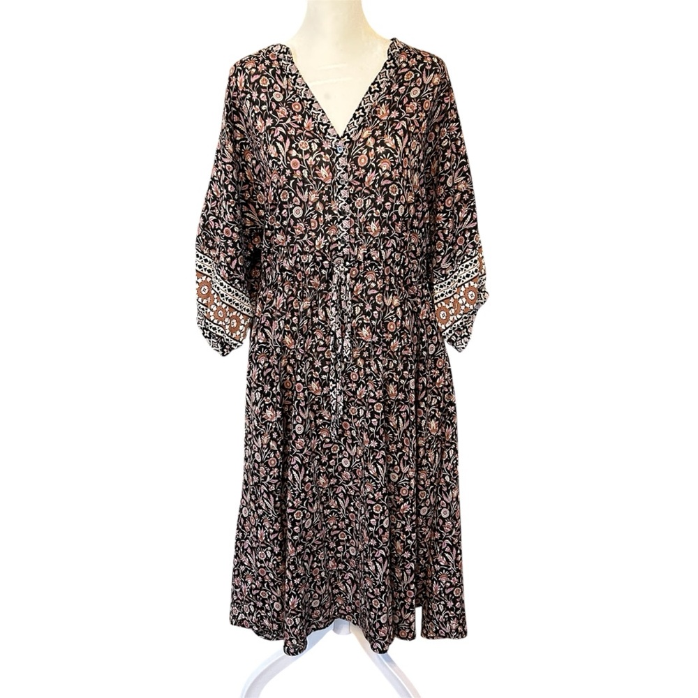 Xirena Boho Dress, 3/4 Sleeve Floral 100% Cotton Bohemian Midi Dress, Medium